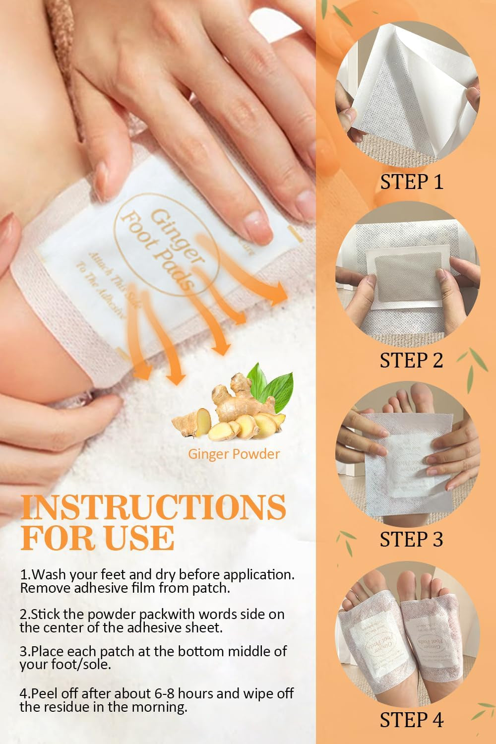 Foot Pads, Ginger Foot Pads, Natural Ginger Powder Bamboo Vinegar Foot Patches 20 Packs.